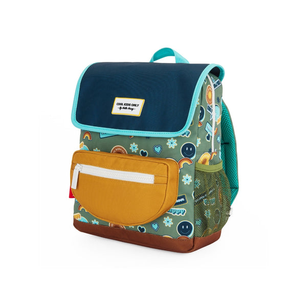 Mochila Pequena Quadrada Hello Hossy em poliéster reciclado, impermeável, com compartimento para cadernos A4, bolso para garrafa de água, alças acolchoadas e capacidade de 7,3 L para crianças dos 2 aos 5 anos. Smiley