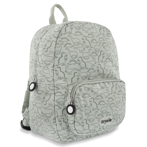 Mochila Pequena Trixie em PET reciclado com alças ajustáveis, fivela peitoral, bolso frontal, bolso para garrafa e tecido repelente à água. Daring Dino