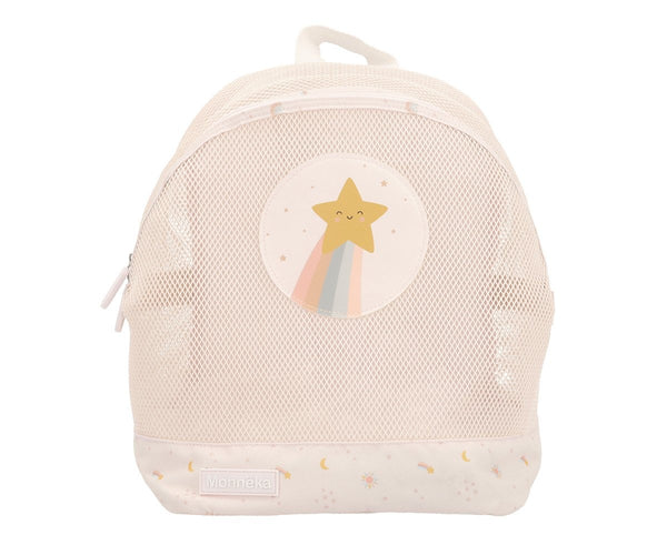Mochila de Praia Monnëka impermeável e ventilada para crianças, ideal para transportar toalhas, brinquedos e acessórios de praia ou piscina.