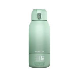 Aquecedor Portátil de Leite e Água Momcozy com controlo preciso de temperatura, aquecimento rápido e design compacto, ideal para viagens e alimentação do bebé fora de casa. Verde