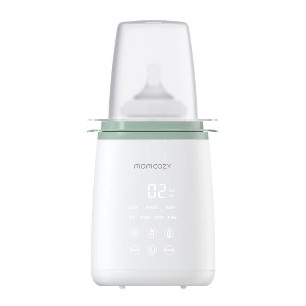 Aquecedor Portátil de Biberões e Sacos de Leite Materno Momcozy com sistema 9 em 1, aquecimento em banho-maria 360°, visor LED e controlo preciso da temperatura.