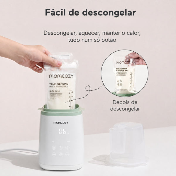 Aquecedor Portátil de Biberões e Sacos de Leite Materno Momcozy com sistema 9 em 1, aquecimento em banho-maria 360°, visor LED e controlo preciso da temperatura.