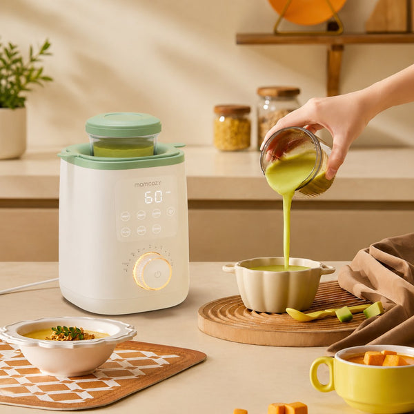 Aquecedor de Biberões e Sacos de Leite Materno Momcozy com controlo preciso de temperatura, sistema 9 em 1 e aquecimento rápido para leite materno e fórmula. Verde