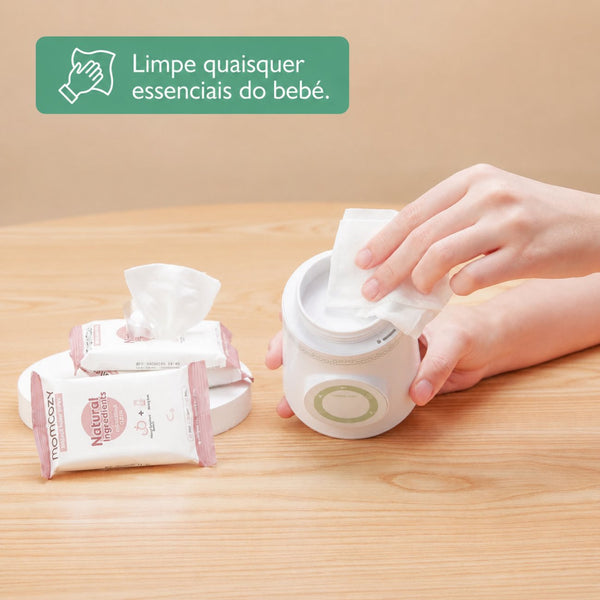 Aquecedor de Biberões de Viagem Momcozy portátil para aquecer leite materno e fórmula de forma rápida, uniforme e segura durante passeios e viagens. Verde