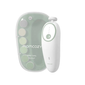 Lima Elétrica Momcozy para bebé com 7 cabeças intercambiáveis, luz LED integrada, funcionamento silencioso e bateria USB recarregável.