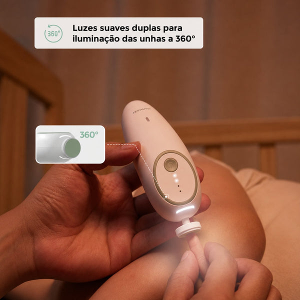 Lima Elétrica Momcozy para bebé com 7 cabeças intercambiáveis, luz LED integrada, funcionamento silencioso e bateria USB recarregável.