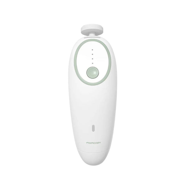 Lima Elétrica Momcozy para bebé com 7 cabeças intercambiáveis, luz LED integrada, funcionamento silencioso e bateria USB recarregável.
