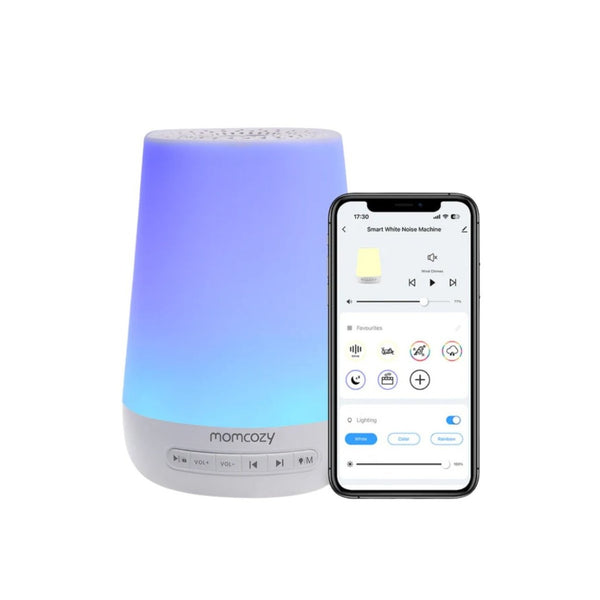 Máquina de Ruído Branco e Luz de Presença Momcozy com 20 sons relaxantes, luz regulável, temporizador e design portátil para ajudar o bebé a dormir melhor.