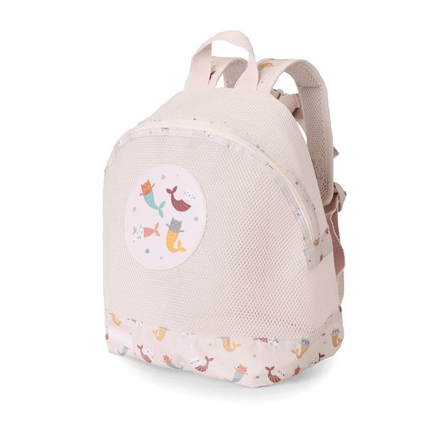 Mochila de Praia Monnëka impermeável e ventilada para crianças, ideal para transportar toalhas, brinquedos e acessórios de praia ou piscina. Mermaid cats