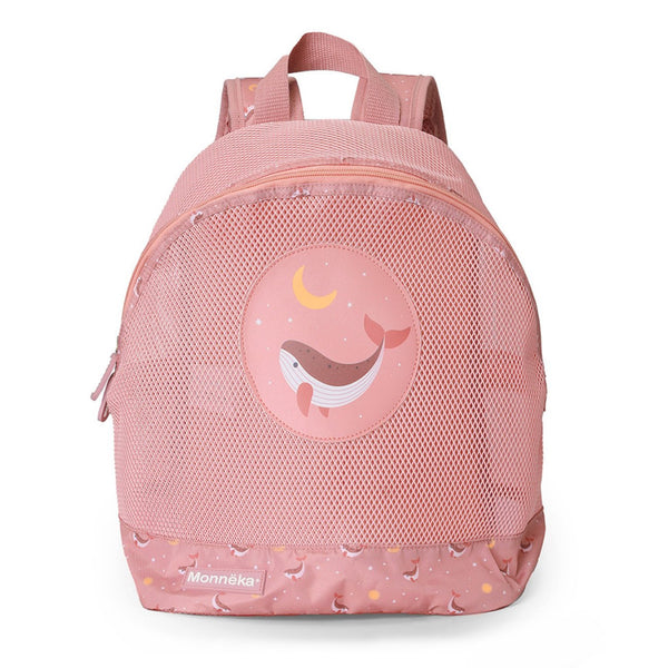 Mochila de Praia Monnëka impermeável e ventilada para crianças, ideal para transportar toalhas, brinquedos e acessórios de praia ou piscina. Whale Pink