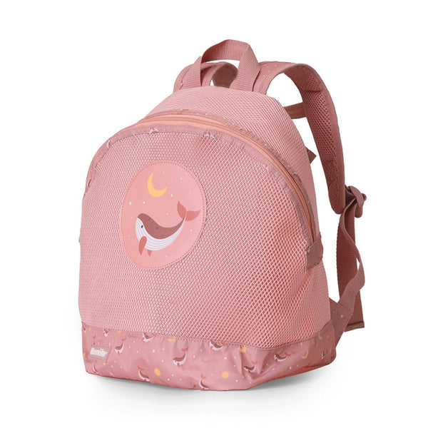 Mochila de Praia Monnëka impermeável e ventilada para crianças, ideal para transportar toalhas, brinquedos e acessórios de praia ou piscina. Whale Pink