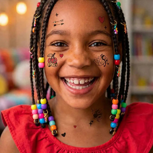 Folha de Flash Tattoos com 46 tatuagens temporárias em estilo rock'n'roll, fáceis de aplicar e remover, ideais para festas, festivais e momentos criativos. Crazy in Love