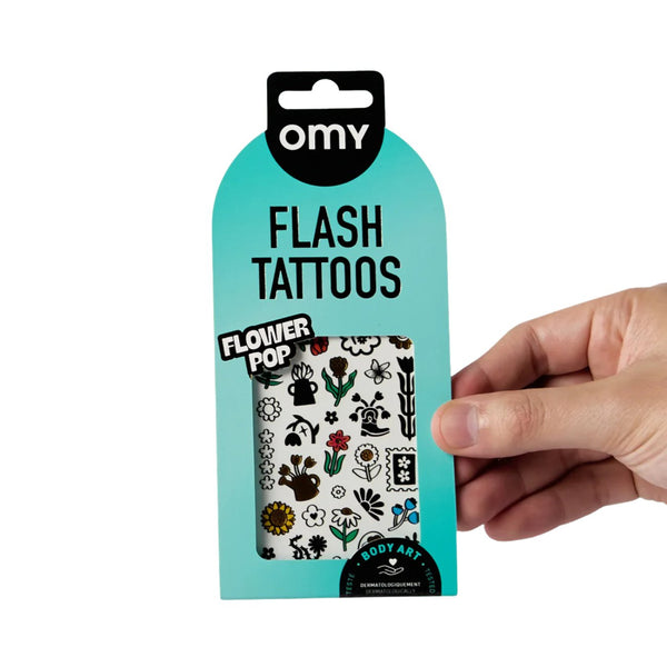 Folha de Flash Tattoos com 46 tatuagens temporárias em estilo rock'n'roll, fáceis de aplicar e remover, ideais para festas, festivais e momentos criativos. Flower Pop