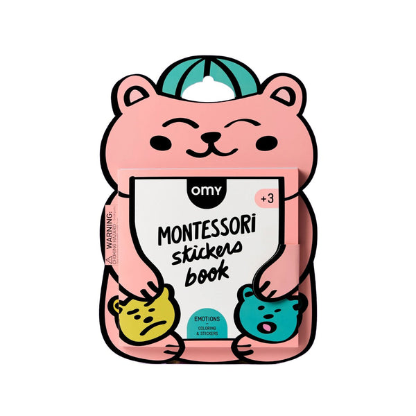 Montessori Stickers Book com 25 páginas para colorir e 10 páginas de autocolantes, desenvolvido para estimular a criatividade, a motricidade fina e a aprendizagem de cores e emoções. Emotions