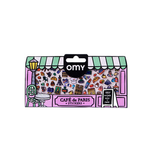 Stickers Boutique Café Paris com efeito fluorescente e ilustrações inspiradas num café parisiense, ideais para decorar cadernos, garrafas e computadores.