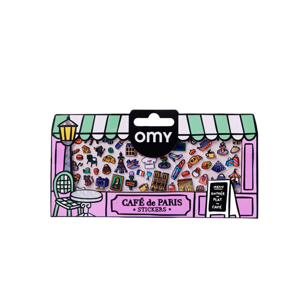 Stickers Boutique Café Paris com efeito fluorescente e ilustrações inspiradas num café parisiense, ideais para decorar cadernos, garrafas e computadores.