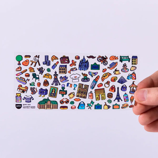 Stickers Boutique Café Paris com efeito fluorescente e ilustrações inspiradas num café parisiense, ideais para decorar cadernos, garrafas e computadores.