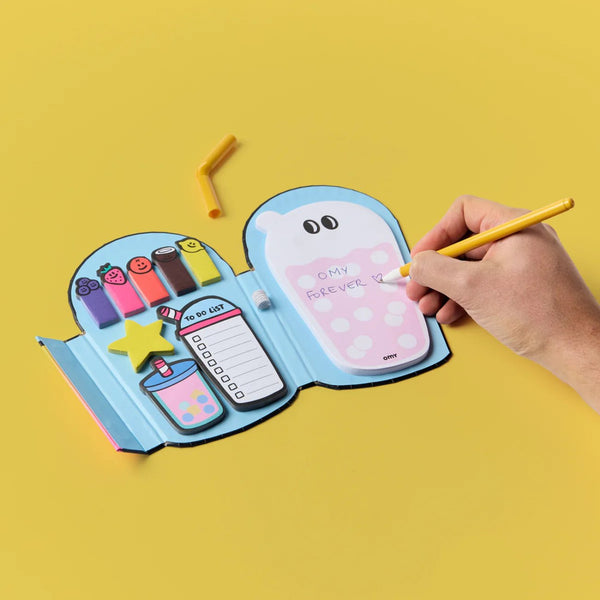 OMY Sticky Notes com 9 blocos de notas adesivas reposicionáveis coloridas e caneta esferográfica, ideal para organizar tarefas, apontamentos e lembretes de forma criativa. Bubble