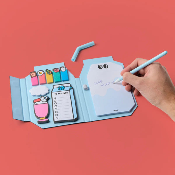 OMY Sticky Notes com 9 blocos de notas adesivas reposicionáveis coloridas e caneta esferográfica, ideal para organizar tarefas, apontamentos e lembretes de forma criativa. Miky