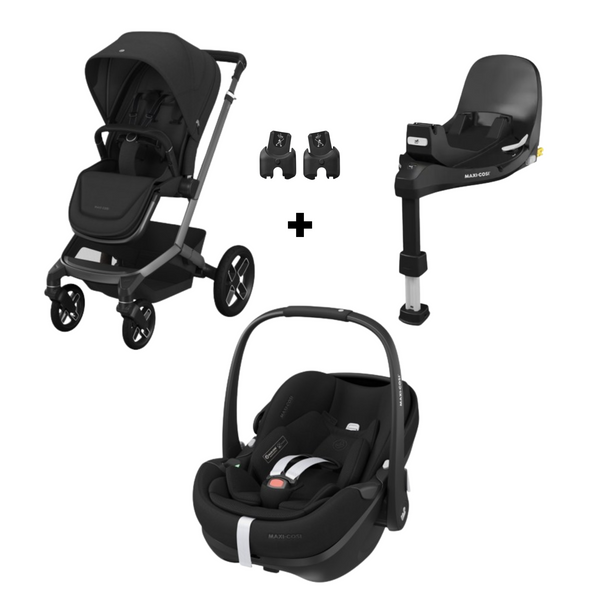 PACK MAXI-COSI FAME DUO com carrinho Fame, alcofa ajustável, cadeira auto Pebble 360 Pro 2, Base FamilyFix 360 Pro ISOFIX e adaptadores incluídos. Sistema de viagem premium desde o nascimento até aos 22 kg. Twillic Black