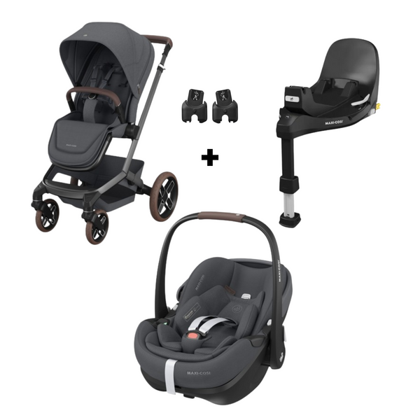 PACK MAXI-COSI FAME DUO com carrinho Fame, alcofa ajustável, cadeira auto Pebble 360 Pro 2, Base FamilyFix 360 Pro ISOFIX e adaptadores incluídos. Sistema de viagem premium desde o nascimento até aos 22 kg. Twillic Graphite