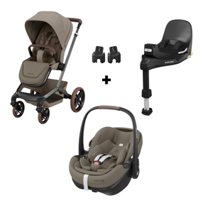 PACK MAXI-COSI FAME DUO com carrinho Fame, alcofa ajustável, cadeira auto Pebble 360 Pro 2, Base FamilyFix 360 Pro ISOFIX e adaptadores incluídos. Sistema de viagem premium desde o nascimento até aos 22 kg. Twillic Truffle