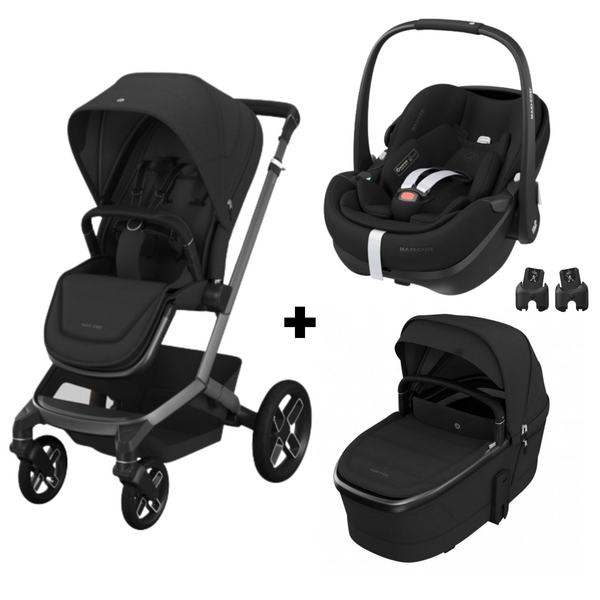 PACK MAXI-COSI FAME TRIO com carrinho Fame, alcofa ajustável e respirável, cadeira auto Pebble 360 Pro 2 homologada i-Size e adaptadores incluídos. Sistema de viagem premium desde o nascimento. Twillic Black