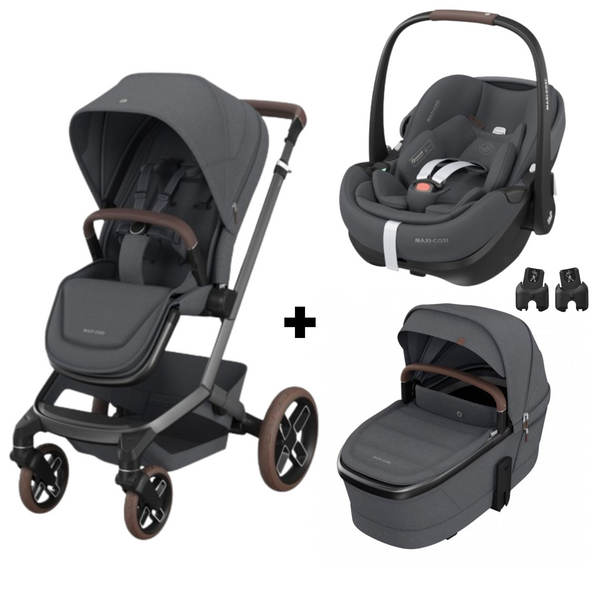 PACK MAXI-COSI FAME TRIO com carrinho Fame, alcofa ajustável e respirável, cadeira auto Pebble 360 Pro 2 homologada i-Size e adaptadores incluídos. Sistema de viagem premium desde o nascimento. Twillic Graphite