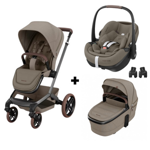 PACK MAXI-COSI FAME TRIO com carrinho Fame, alcofa ajustável e respirável, cadeira auto Pebble 360 Pro 2 homologada i-Size e adaptadores incluídos. Sistema de viagem premium desde o nascimento. Twillic Truffle