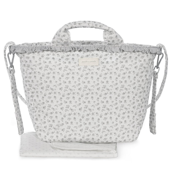Mala de maternidade Pasito a Pasito Little Bloom Flowers Grey com compartimentos e muda-fraldas incluído