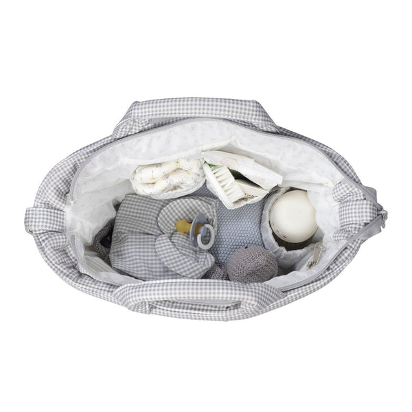 Mala de maternidade Pasito a Pasito Little Bloom Vichy Grey com compartimentos e muda-fraldas incluído