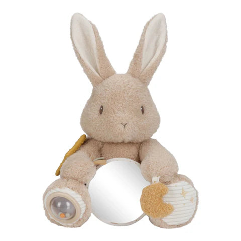 Peluche de Atividades para bebé em materiais suaves e macios, com diferentes elementos para explorar durante os momentos de brincadeira e descoberta. Baby Bunny