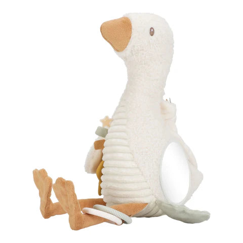 Peluche de Atividades para bebé em materiais suaves e macios, com diferentes elementos para explorar durante os momentos de brincadeira e descoberta. Little Goose