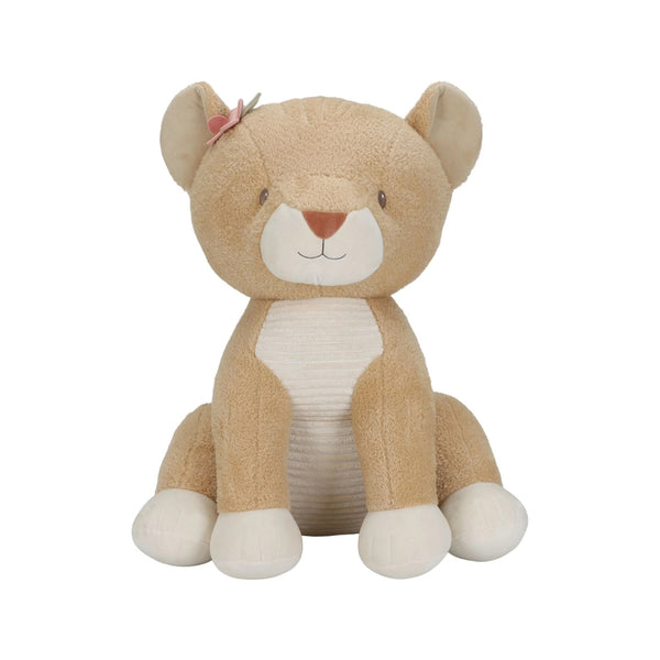 Peluche Leoa Safari Friends de 60 cm em poliéster macio, com detalhe floral junto à orelha, ideal para abraçar e decorar o quarto infantil.