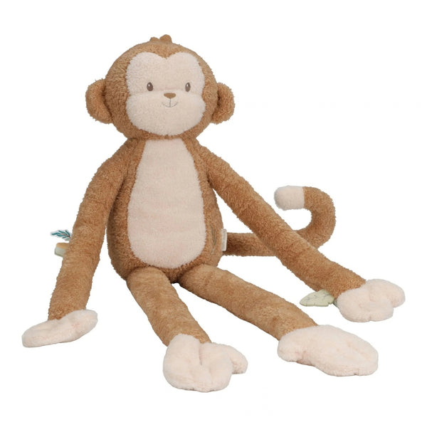 Peluche Macaco XL Little Dutch em poliéster macio, com braços e pernas compridos, tecido canelado e detalhes sensoriais para explorar.