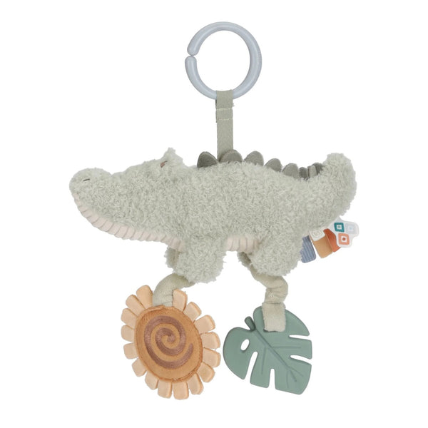 Pendente de Atividades Crocodilo Safari Friends em tecido macio, com guizo, espelho, mordedor e argola de fixação para estimular os sentidos do bebé.