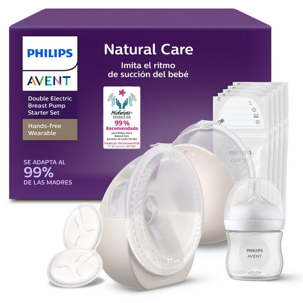 Bomba Tira-Leite Elétrica Dupla Mãos-Livres Philips Avent Natural Care SCF495/21, com dois copos transparentes, tecnologia SkinSense e sucção ajustável.