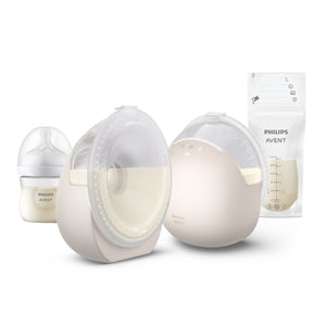Bomba Tira-Leite Elétrica Dupla Mãos-Livres Philips Avent Natural Care SCF495/21, com dois copos transparentes, tecnologia SkinSense e sucção ajustável.