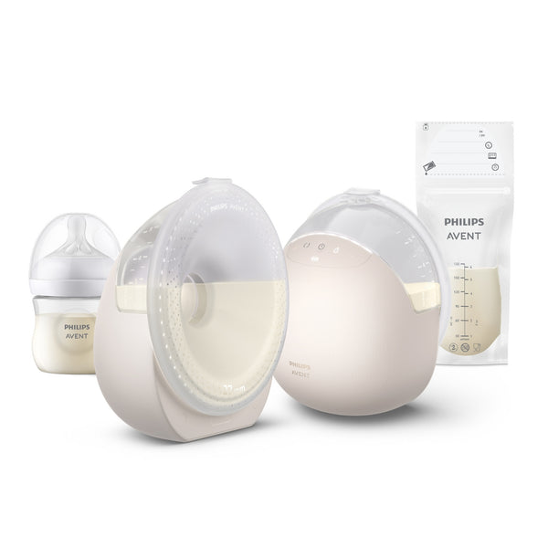 Bomba Tira-Leite Elétrica Dupla Mãos-Livres Philips Avent Natural Care SCF495/21, com dois copos transparentes, tecnologia SkinSense e sucção ajustável.