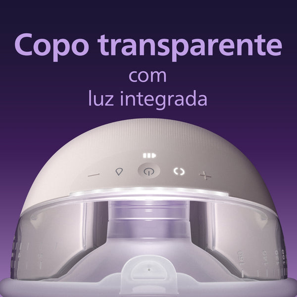 Bomba Tira-Leite Elétrica Dupla Mãos-Livres Philips Avent Natural Care SCF495/21, com dois copos transparentes, tecnologia SkinSense e sucção ajustável.