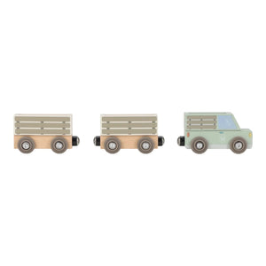 Pista de Comboios Safari Friends em madeira, com carris, veículos, reboques, figuras de animais e exploradores para brincadeiras criativas inspiradas no safari.