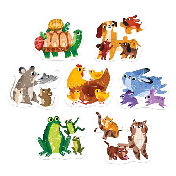 Primeiros Puzzles infantis com 7 puzzles e 14 peças para crianças a partir dos 12 meses, ideais para estimular a observação e coordenação motora. Animais