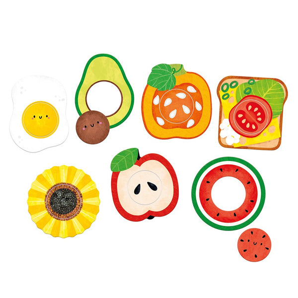 Primeiros Puzzles infantis com 7 puzzles e 14 peças para crianças a partir dos 12 meses, ideais para estimular a observação e coordenação motora. Comida