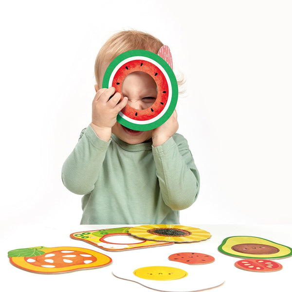Primeiros Puzzles infantis com 7 puzzles e 14 peças para crianças a partir dos 12 meses, ideais para estimular a observação e coordenação motora. Comida
