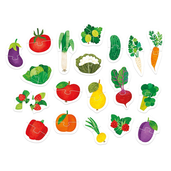 Primeiros Puzzles infantis com 7 puzzles e 14 peças para crianças a partir dos 12 meses, ideais para estimular a observação e coordenação motora. Frutas e Vegetais