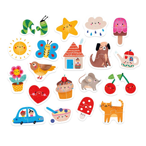 Primeiros Puzzles infantis com 7 puzzles e 14 peças para crianças a partir dos 12 meses, ideais para estimular a observação e coordenação motora. Pares