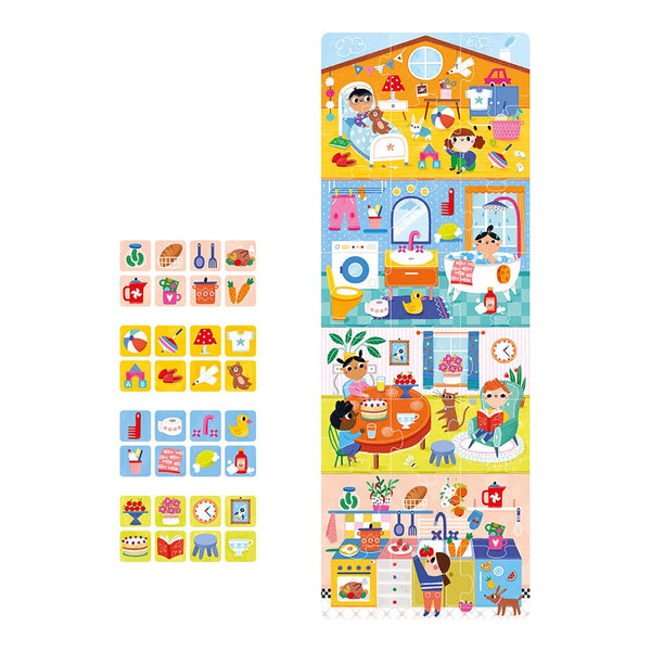 Puzzle+ infantil de veículos com 24 peças e 32 cartões de observação e associação, indicado para crianças a partir dos 2 anos. Home