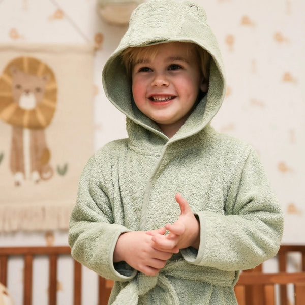 Roupão de Banho Little Dutch em 100% algodão orgânico com capuz, tecido suave e designs infantis Crocodile.