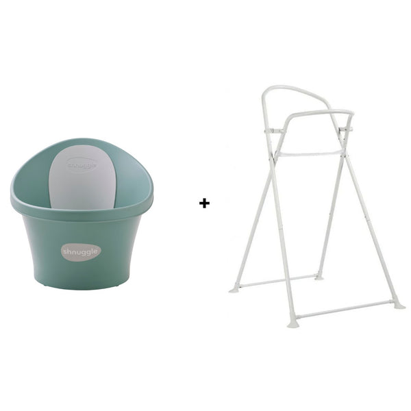 Conjunto SHNUGGLE Banheira + Suporte para bebé com design ergonómico, apoio lombar integrado, suporte dobrável à altura da cintura, base antiderrapante e utilização desde o nascimento até aos 12 meses. Eclyptus
