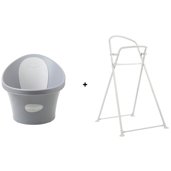 Conjunto SHNUGGLE Banheira + Suporte para bebé com design ergonómico, apoio lombar integrado, suporte dobrável à altura da cintura, base antiderrapante e utilização desde o nascimento até aos 12 meses. Pebble Grey